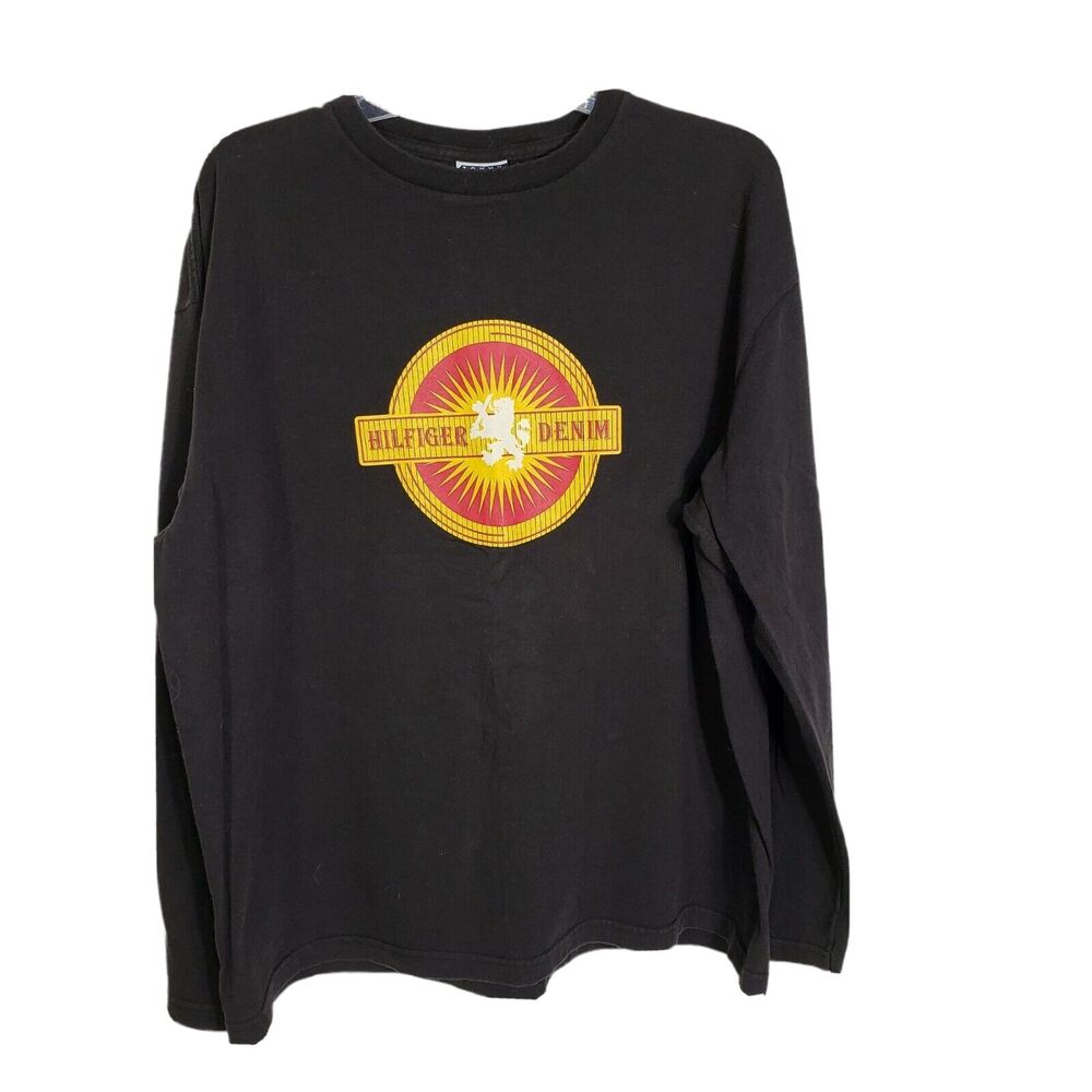 Vtg Tommy Hilfiger Jeans Mens T Shirt Size XL Black Crew Neck Long Sleeve Logo